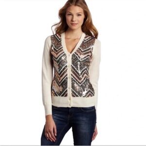 Trina Turk Savoy Ivory Cream Sequin Button-Up Merino Wool sweater Cardigan Sz S